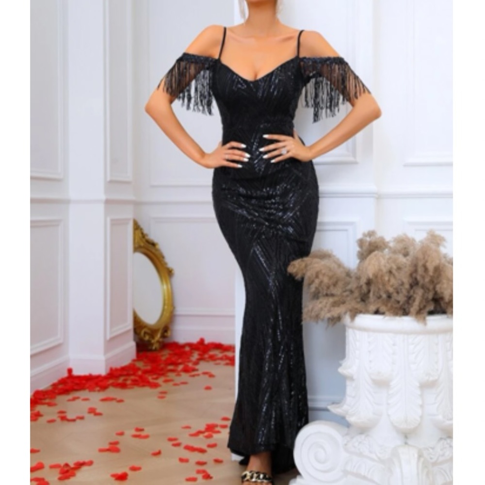 Luxe cold shoulder fringe hem party  wedding bridesmaid wedding mermaid dress - Picture 5 of 7